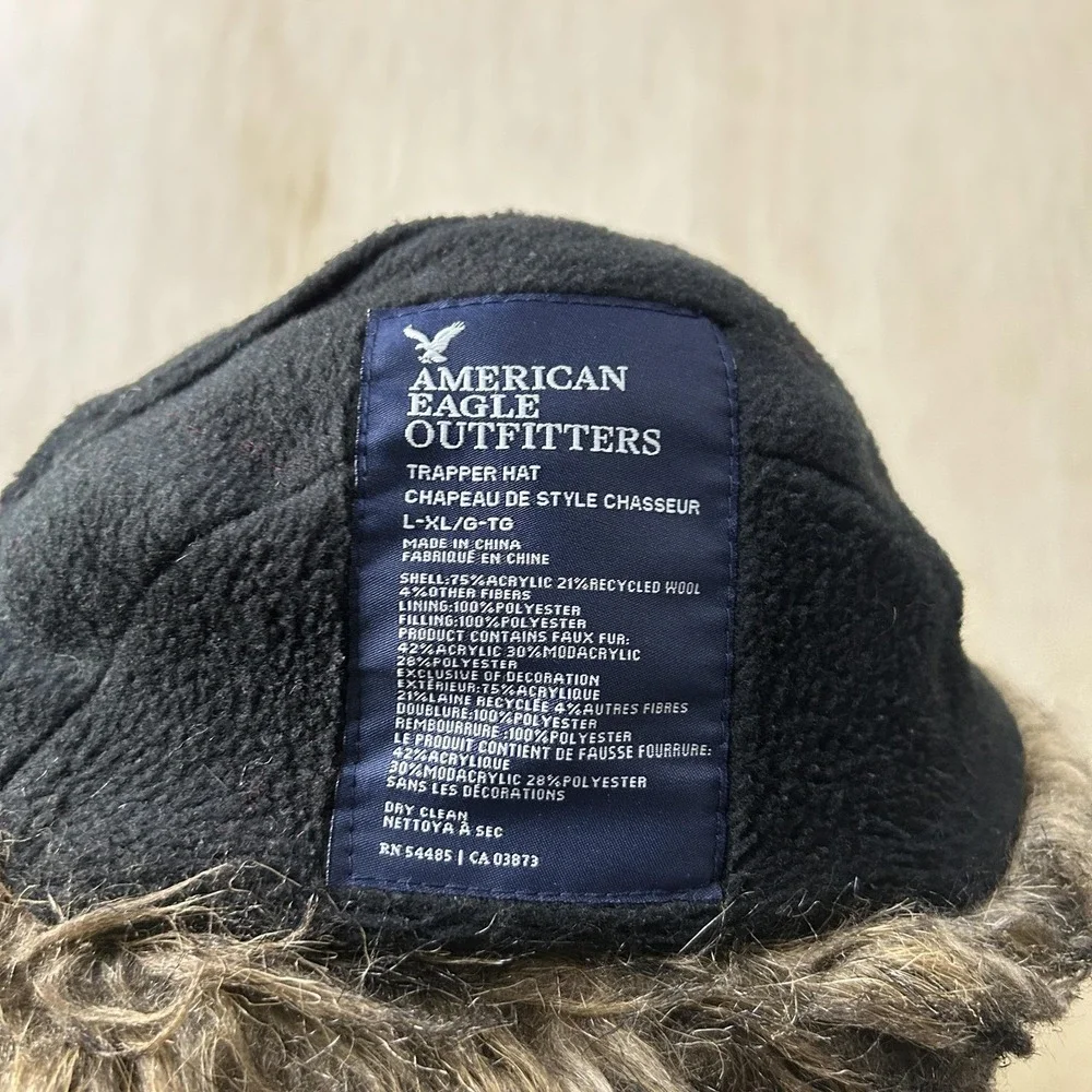 Y2K American Eagle Hat Trapper Mens L XL Red Plaid Faux Fur Ear Flap Winter